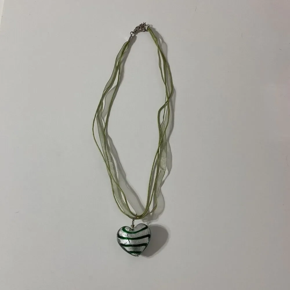 Puffy Solid Glass Heart Green Swirl Sheer Ribbon Silver Toned Foil Necklace